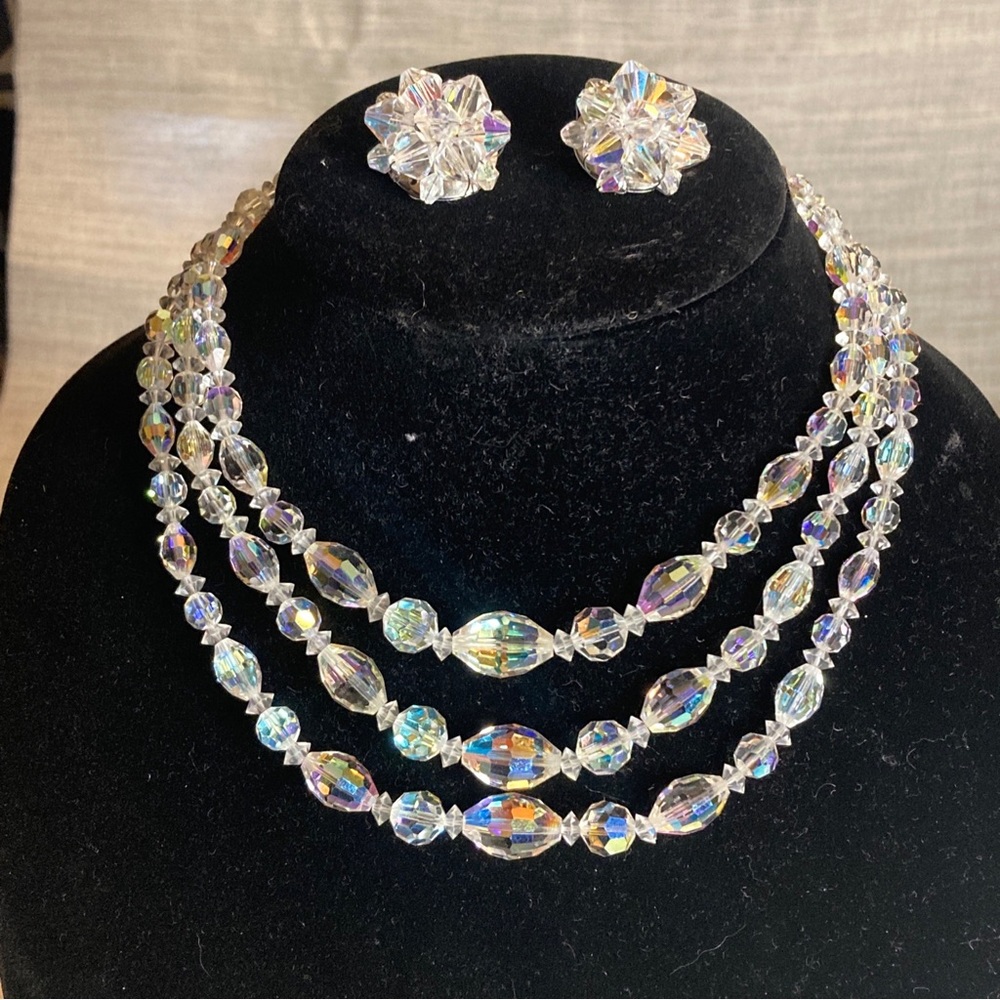 Aurora borealis 3 strand necklace with matching clip on earrings vintage